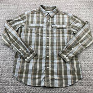 Columbia Omni-Shade Shirt Men Medium M Brown Green Plaid Button Up Long Sleeve